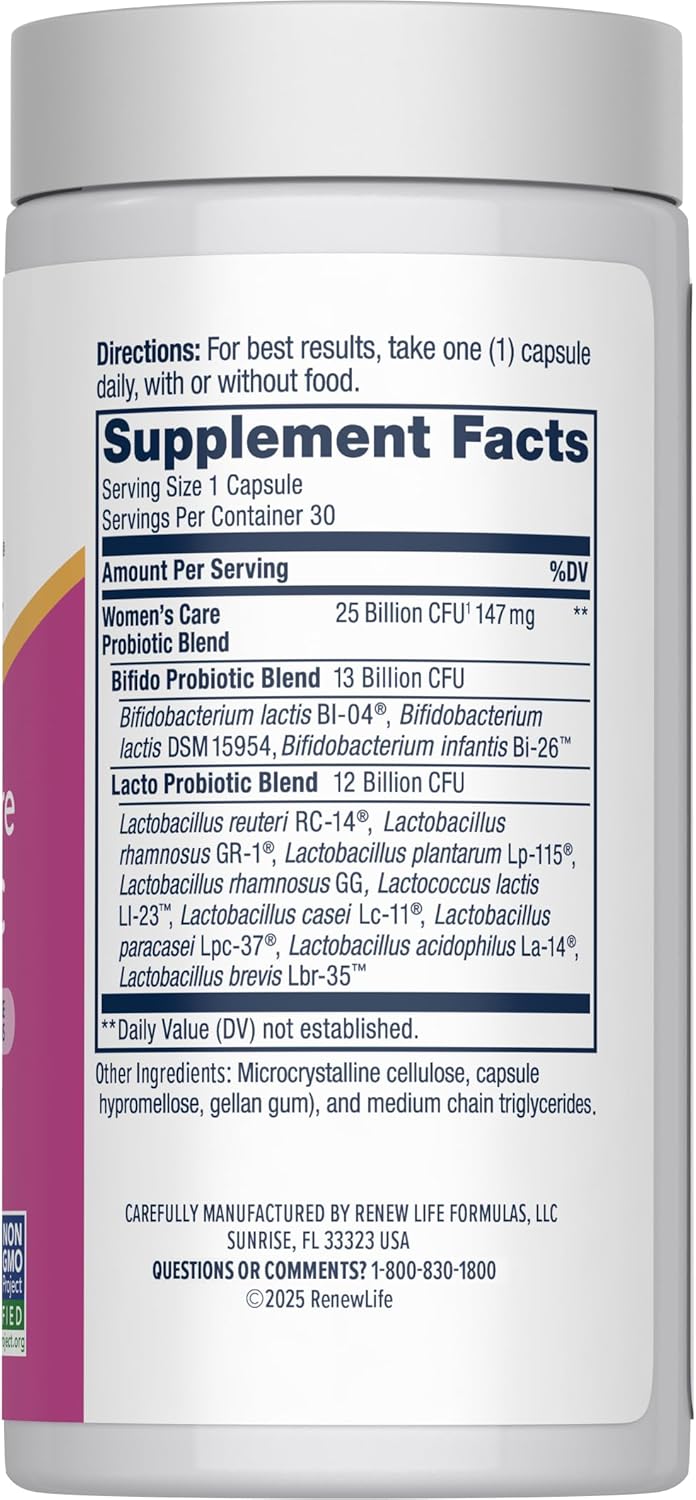 Renew Life Women's Probiotic Capsules, Supports pH Balance for Women, Vaginal, Urinary, Digestive and Immune Health, L. Rhamnosus GG, Dairy, Soy and Gluten-Free, 25 Billion CFU - 30 Ct