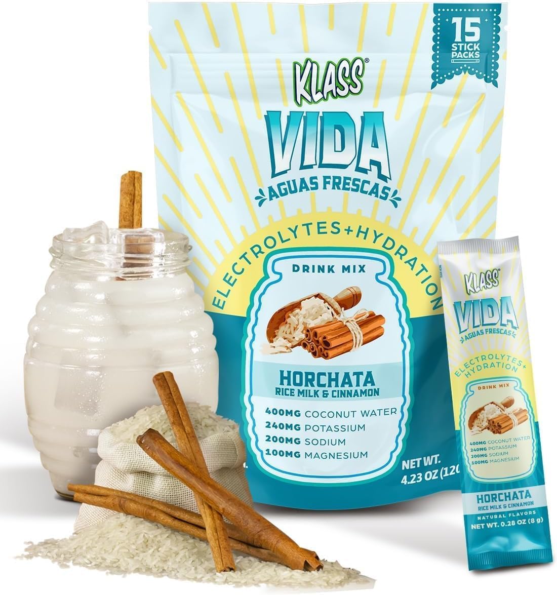 KLASS VIDA Electrolyte Drink Mix – Horchata Agua Fresca Flavor | Sugar-Free Hydration Powder with Coconut Water & Minerals | 15 Single-Serve Stick Packs in Resealable Pouch, Low Calorie, Natural Flavor