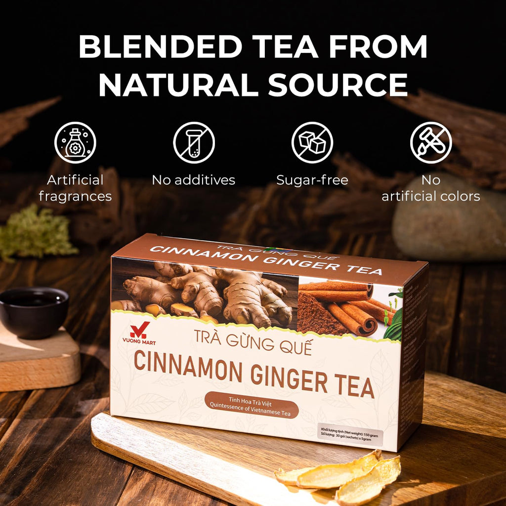 VUONGMART Dried Ginger Cinnamon Tea, 100% Pure & Hand Pick, Organic Herbal Tea, 30 Tea Bags, Gluten Free, Dairy Free, No Sugar Added & Natural, Energy Boost & Health Support