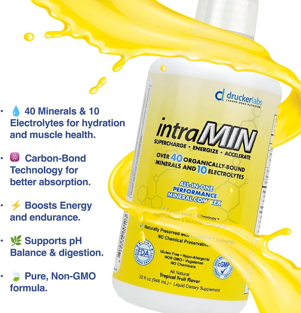 DRUCKER Labs - IntraMIN Organic Liquid Trace Minerals Dietary Supplement for Men, Women, Kids, Immune Support, Muscle Support, Non GMO, Gluten Free, Vegan, Electrolytes (32 oz., Tropical Fruit Punch)
