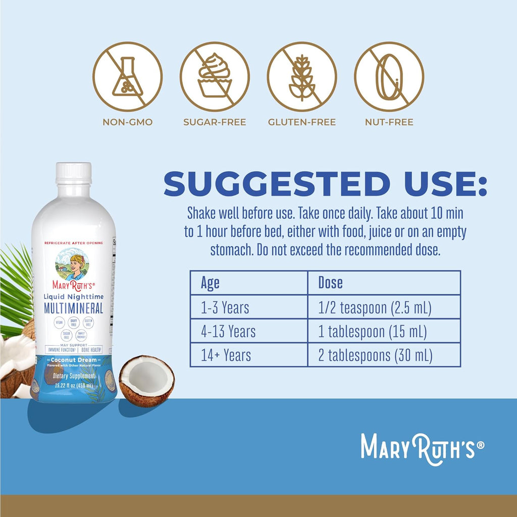 MaryRuth Organics Liquid Nighttime Multimineral | No Melatonin | Bedtime Routine | Magnesium Citrate | Calcium | Zinc | Vitamin D3| Available in 4 Flavor - Vegan | Sugar Free | Gluten Free | 15.22 Oz