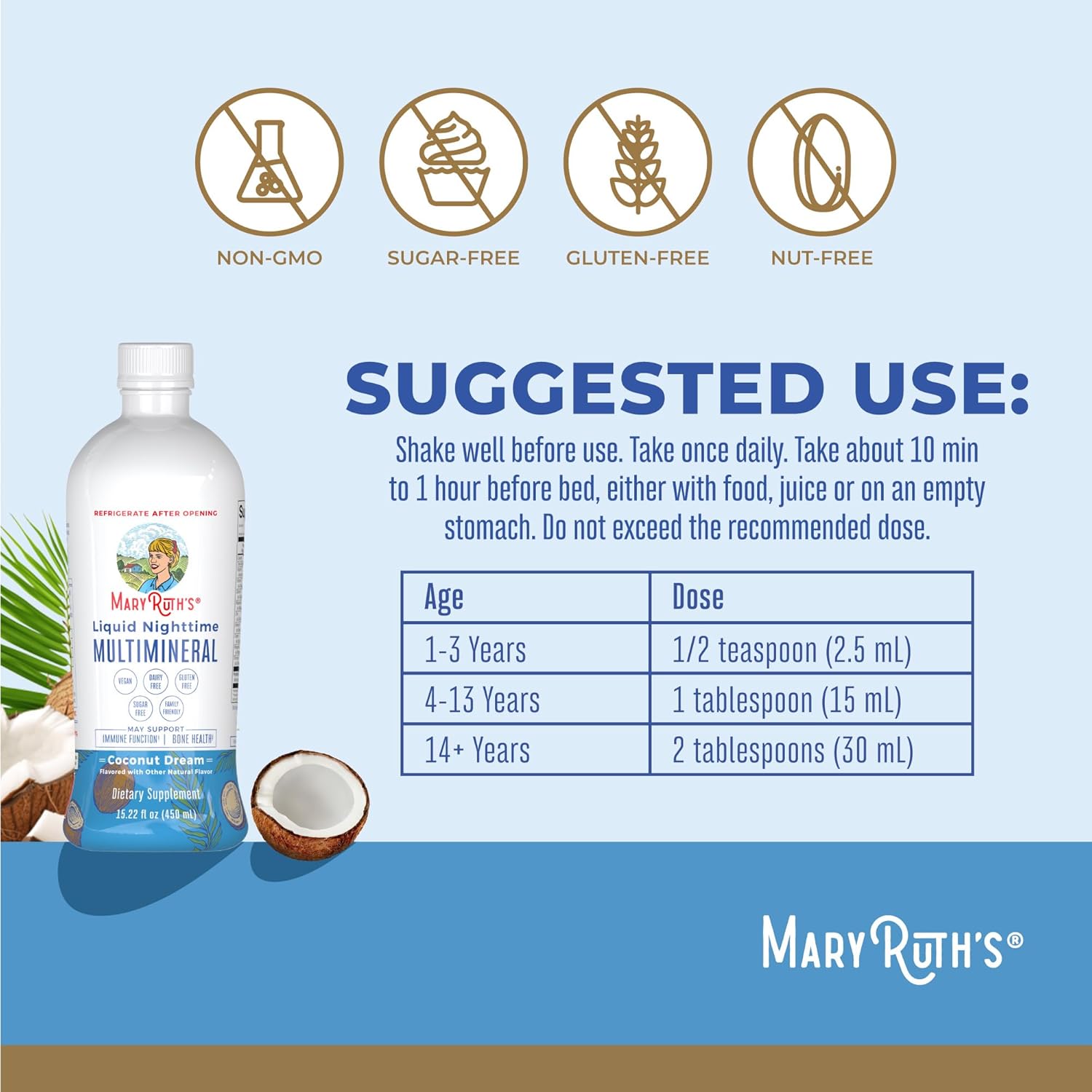 MaryRuth Organics Liquid Nighttime Multimineral | No Melatonin | Bedtime Routine | Magnesium Citrate | Calcium | Zinc | Vitamin D3| Available in 4 Flavor - Vegan | Sugar Free | Gluten Free | 15.22 Oz