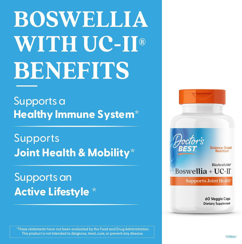 Doctor's Best BioAvailable Boswellia + UC-II, Supports Joint Health, Non-GMO, Gluten Free, Soy Free 60 Veggie Caps