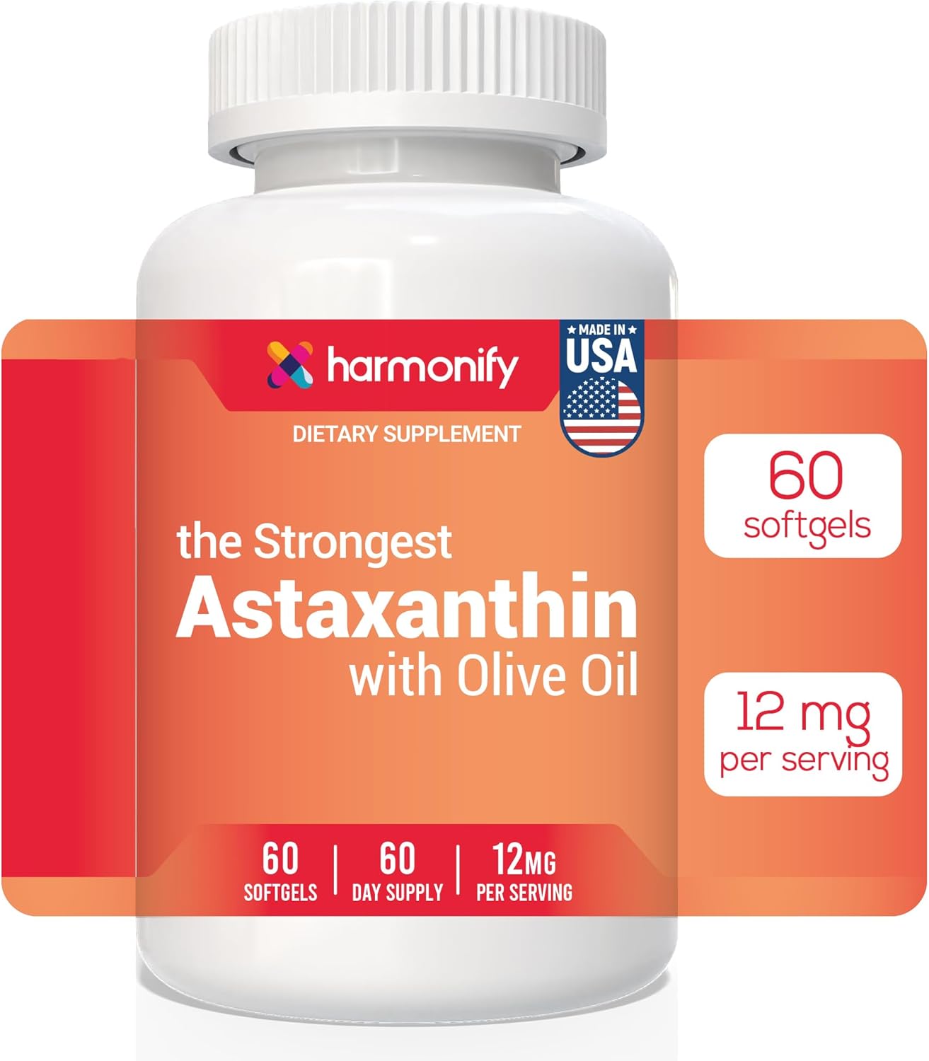 Astaxanthin 12mg, Vegan Supplement with Olive Oil, Microalgae-Based, 60 Softgels