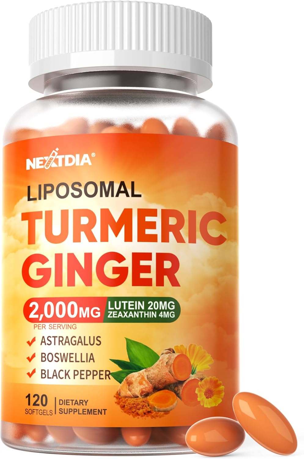 Liposomal Turmeric Curcumin Supplement for Superior Absorption, Turmeric and Ginger Softgel 2000mg with Black Pepper and 20mg Lutein Zeaxanthin, Supports Healthy Response & Eye, Non-GMO, 120 Pills