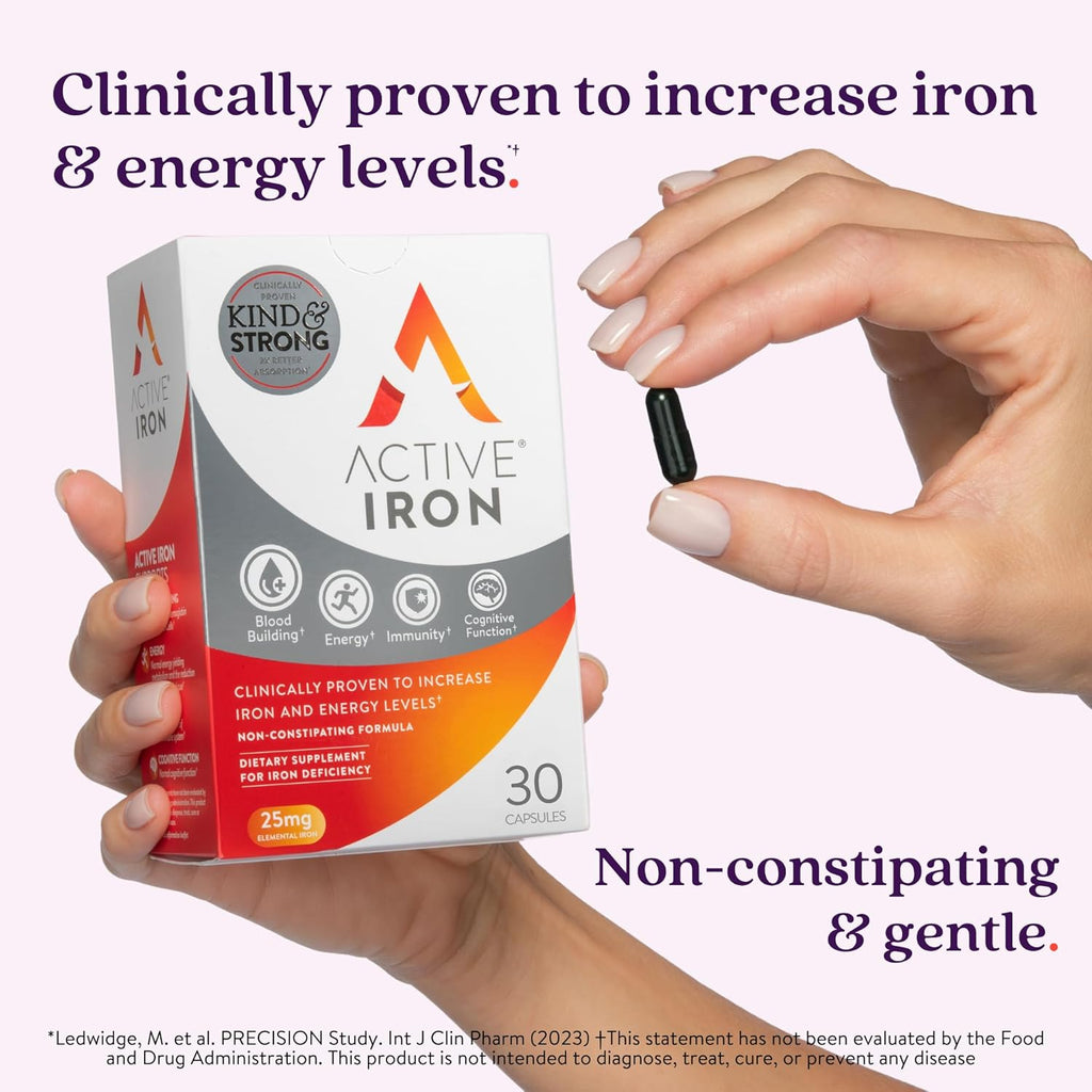 Active Iron Supplement 25mg – Clinically Proven to Increase Iron & Energy Levels – Gentle, Non-Constipating, Highly Absorbed – 30 Capsules