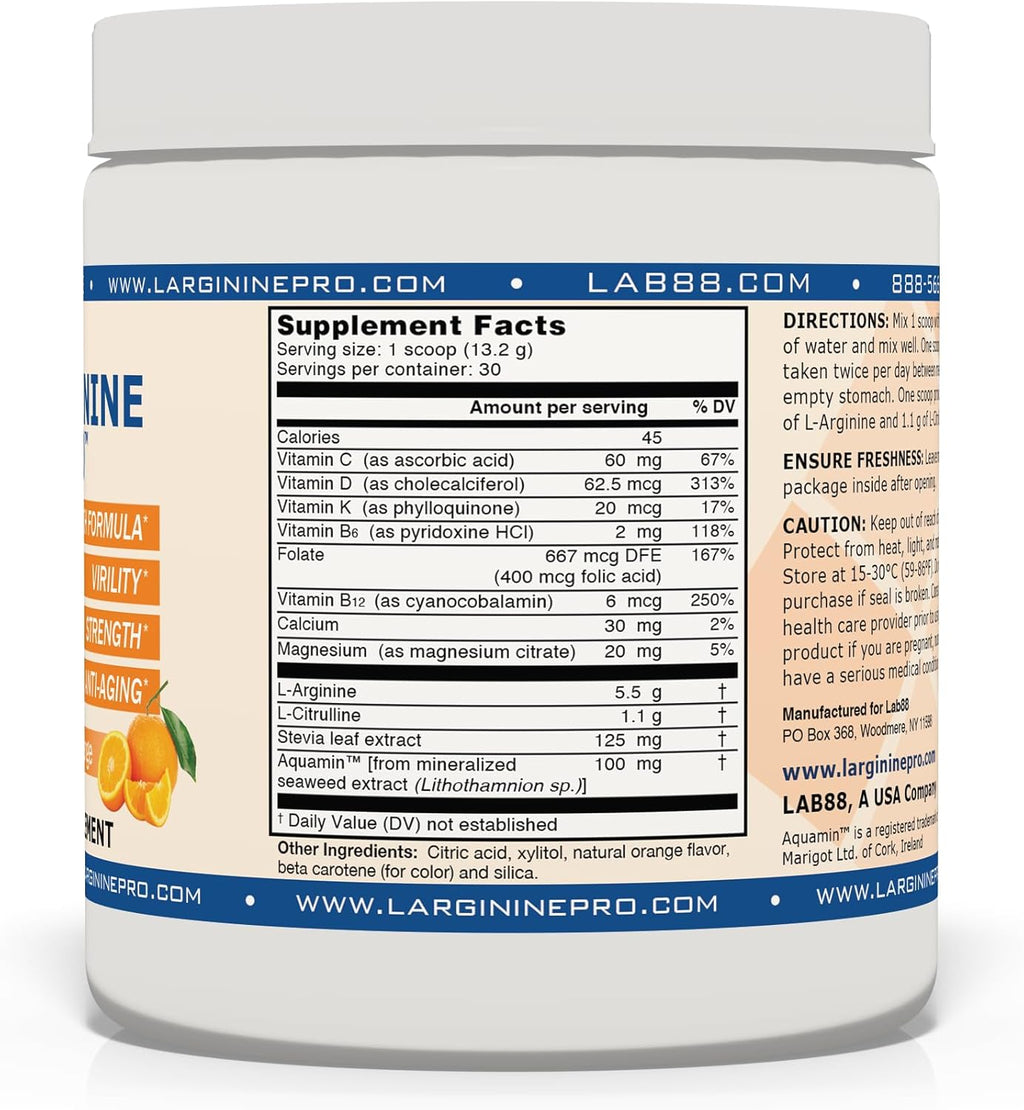 L-ARGININE PRO | 5,500mg L-Arginine Plus L-Citrulline 1,100mg Orange Powder Drink Mix Supplement for Increased Nitric Oxide Production