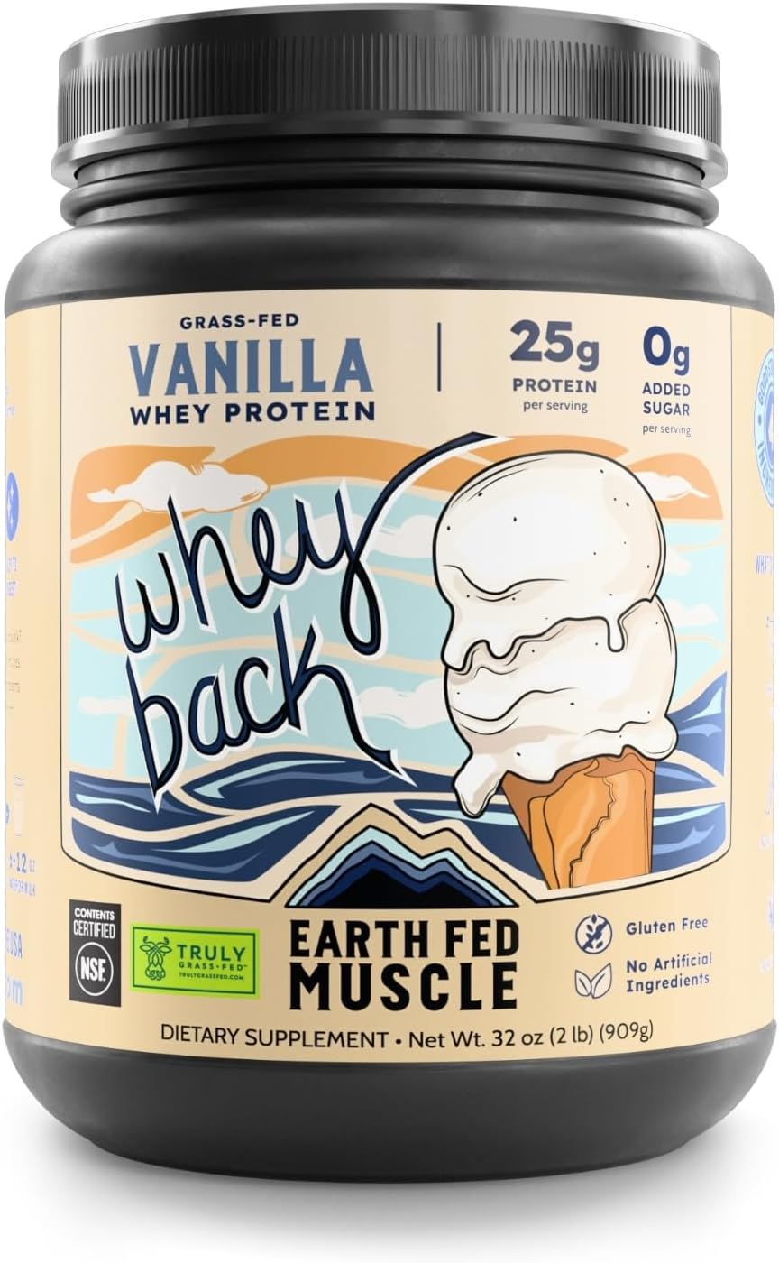 Earth Fed Muscle Whey Back Irish Grass Fed Whey Protein Isolate - NSF-Certified. No Artificial Ingredients, Soy Free, Gluten Free, Non-GMO and Hormone Free (2 Pound, 29 Servings, Vanilla)