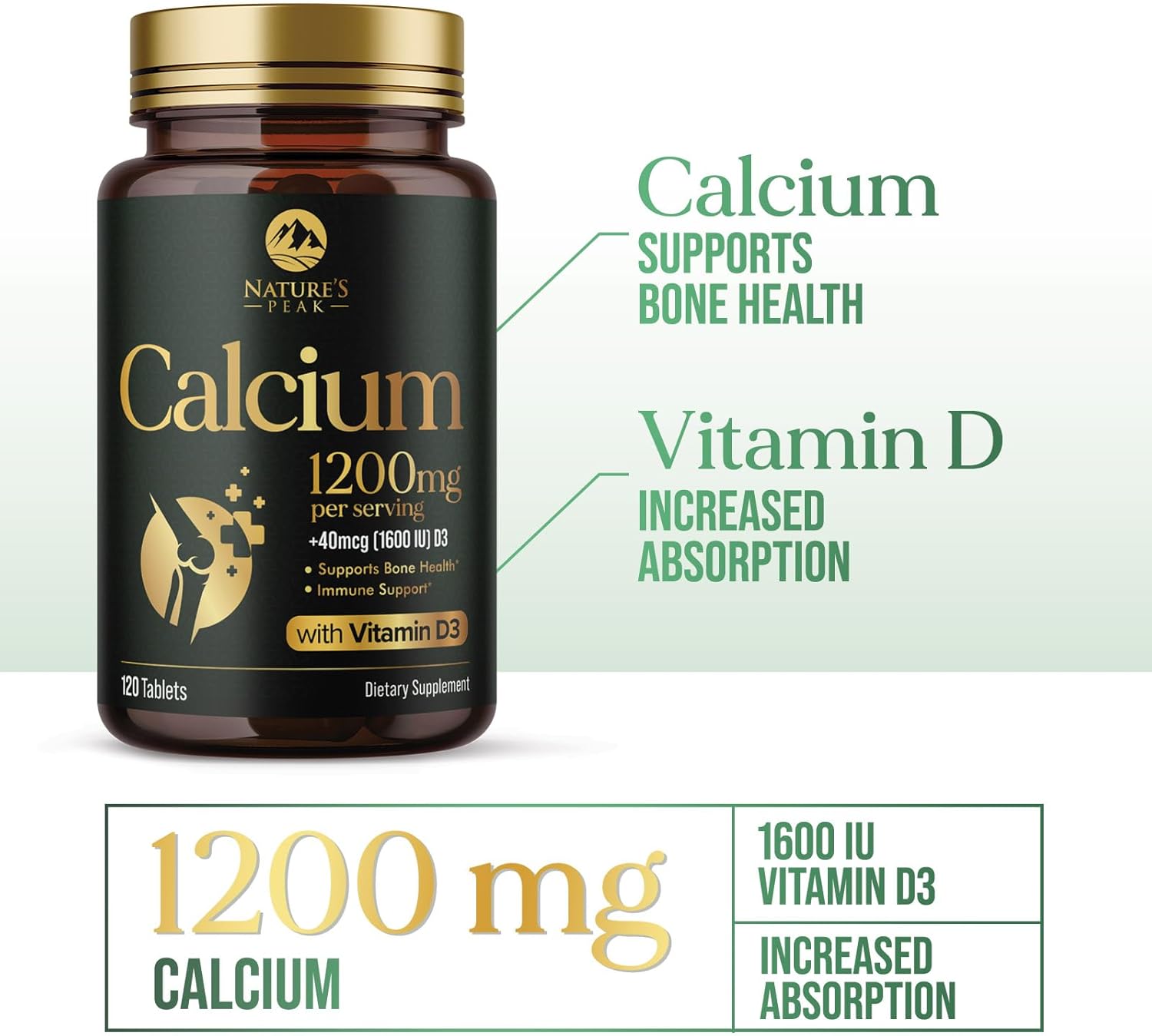 Calcium 1200 mg with Vitamin D3 (1600 IU), Calcium Supplement Vitamins, Bone, Teeth & Immune Health Support, Calcium Supplements with D for Women & Men, Nature's Absorbable Carbonate - 120 Tablets