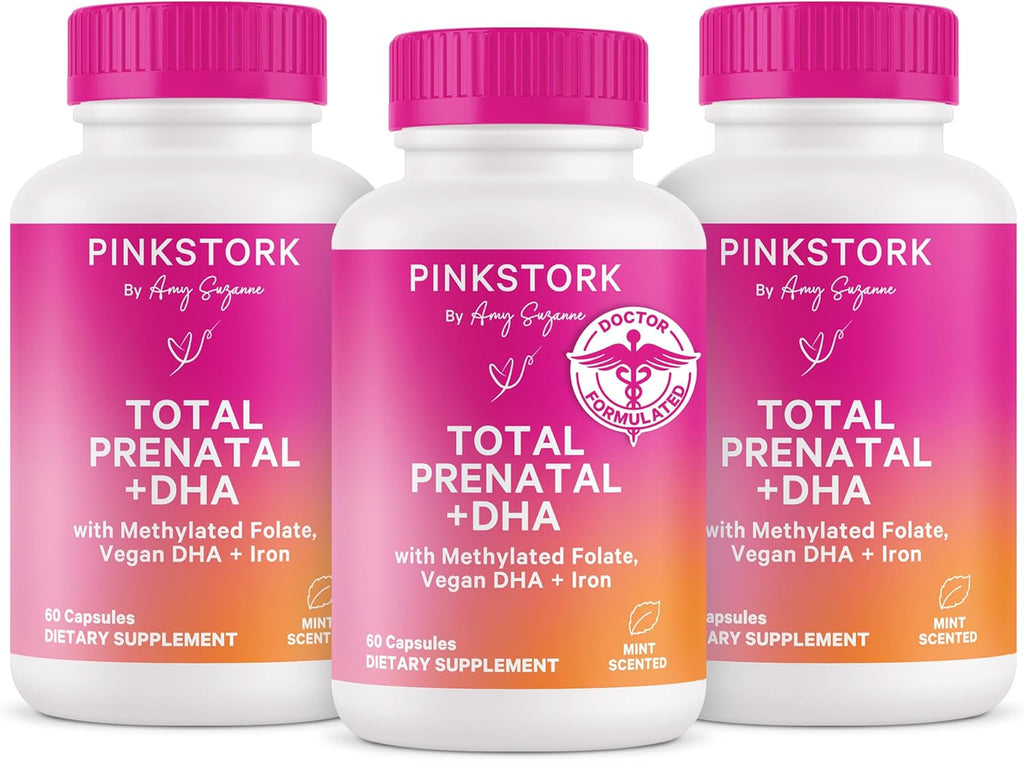 Pink Stork Total Prenatal Vitamins with DHA, Folate, Iron, Choline, and Vitamin B12 - Preconception Nutrition - Prenatals for Women, Pregnancy Must Haves - Mint Essence, 180 Capsules, 3 Month Supply
