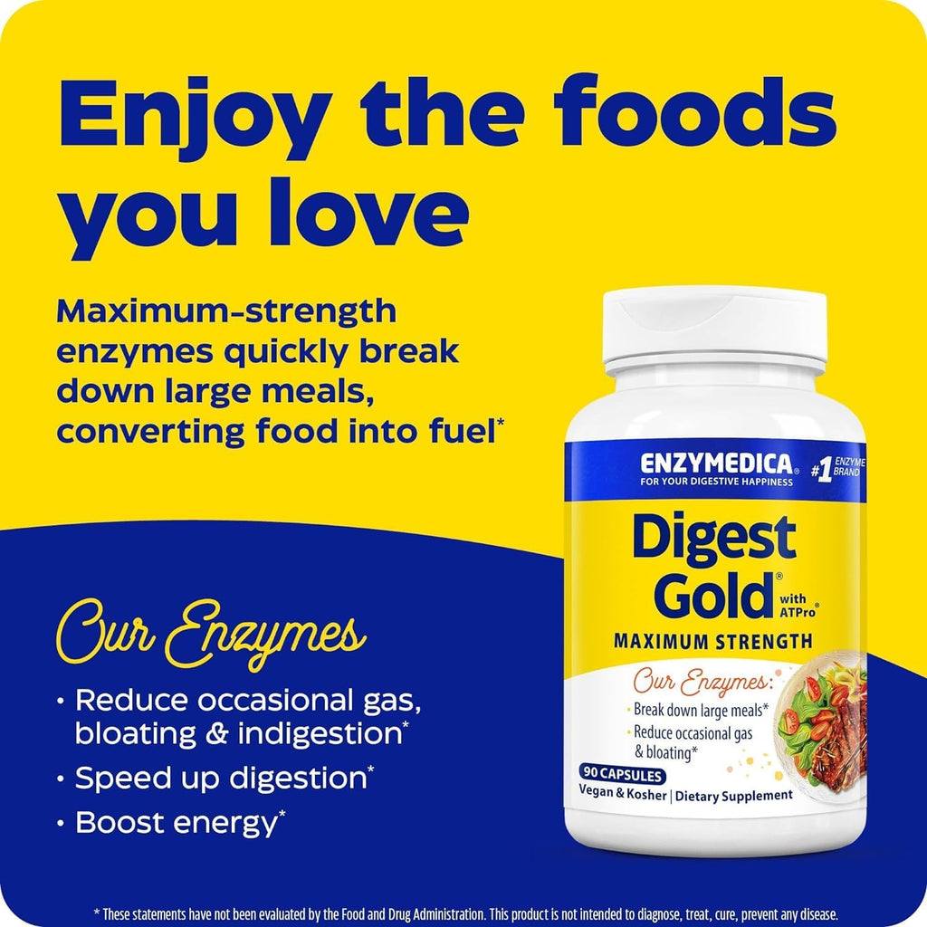 Enzymedica Digest Gold + ATPro, Maximum Strength Digestive Enzymes, Helps Digest Large Meals for Instant Bloating Relief, 90 Count