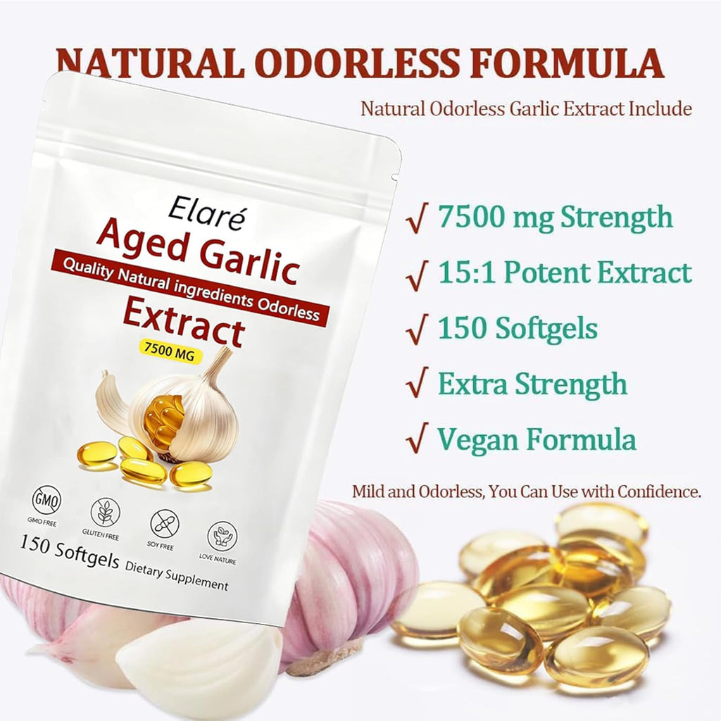 Elare Aged Garlic Extract - 7500mg Odorless, Organic Garlic Extract Capsules | Heart & Immune Antioxidant Supplements, Vegetarian, All-Natural, Non-GMO, 150 Softgels(1 PCS)