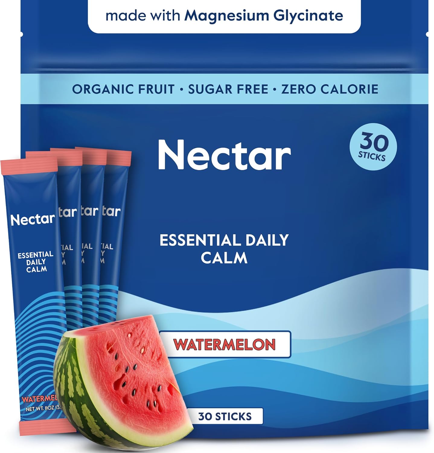 Nectar Calm Magnesium Glycinate Drink Mix - Sugar Free & Zero Calorie - with Organic Ashwagandha, Vitamin D, L-Theanine, Hydrating Electrolytes - Relax, Focus & Calm - Non-GMO (Watermelon 30 Sticks)