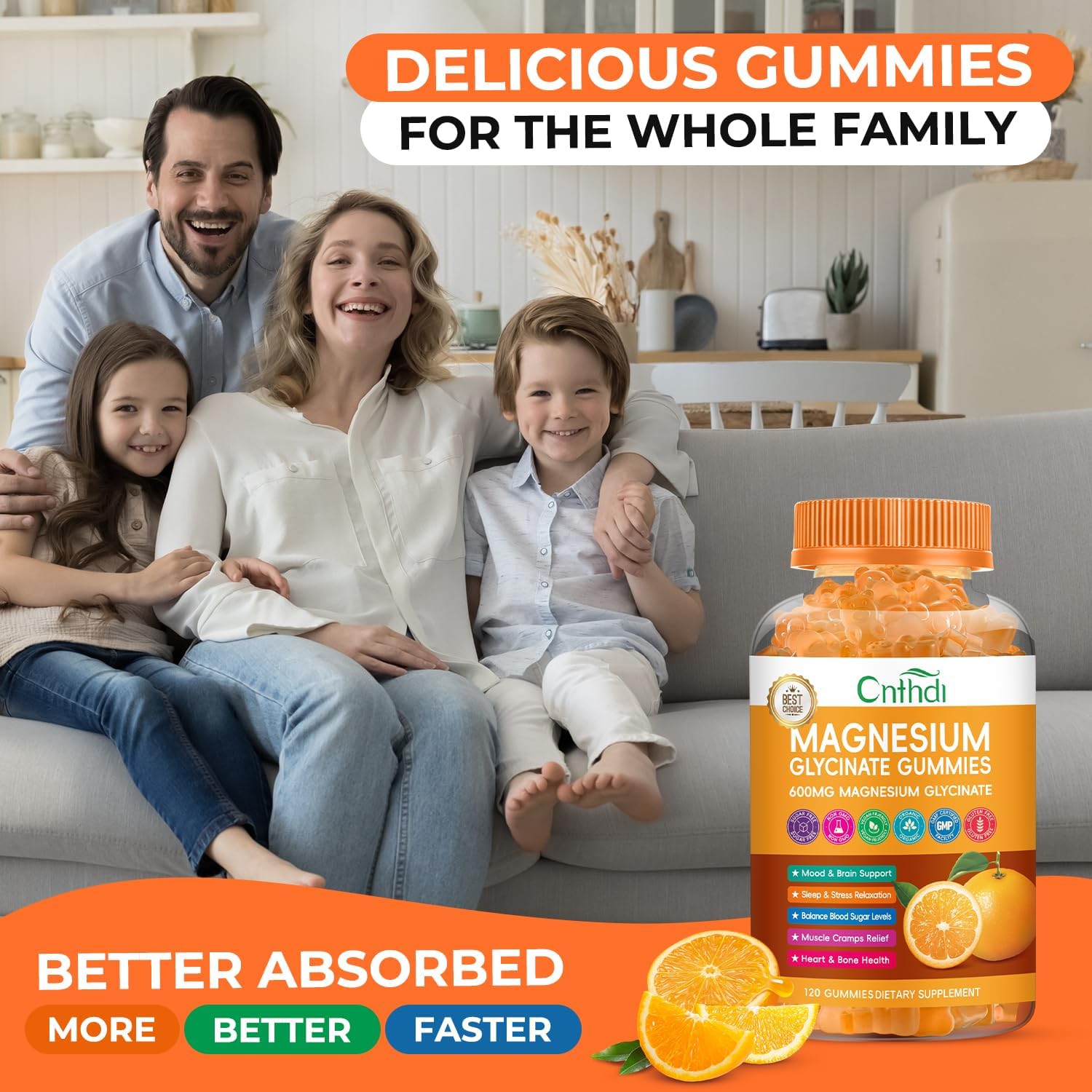 Magnesium Glycinate Gummies, High Absorption Magnesium Gummies with L-Threonate, Calcium, Vitamin B6, D3, Sugar Free Chews for Adults & Kids Relaxation, Stress Relief, Night Rest