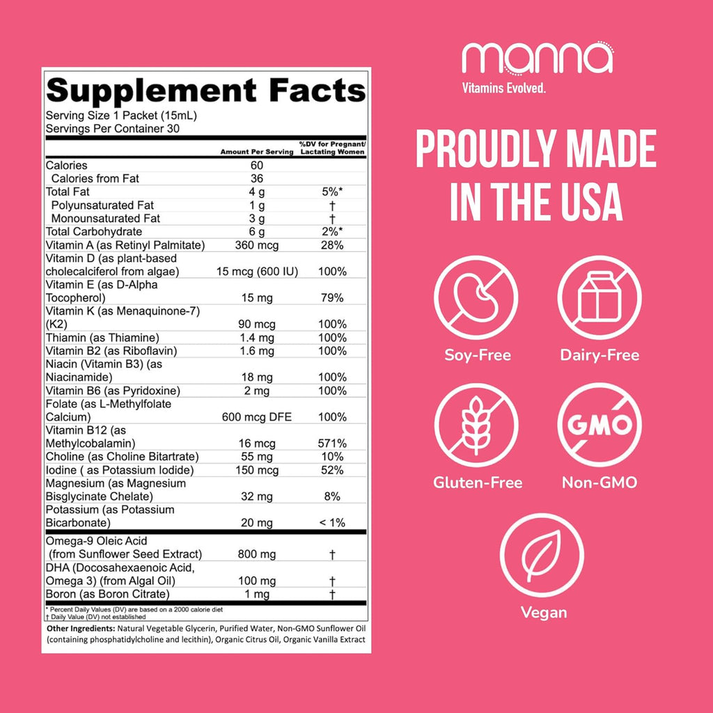 Manna Vitamins Evolved - Liposomal Prenatal Complete - Liquid Prenatal Vitamins for Women - Best Prenatal Vitamins for Pregnant Women for All Stages of Pregnancy