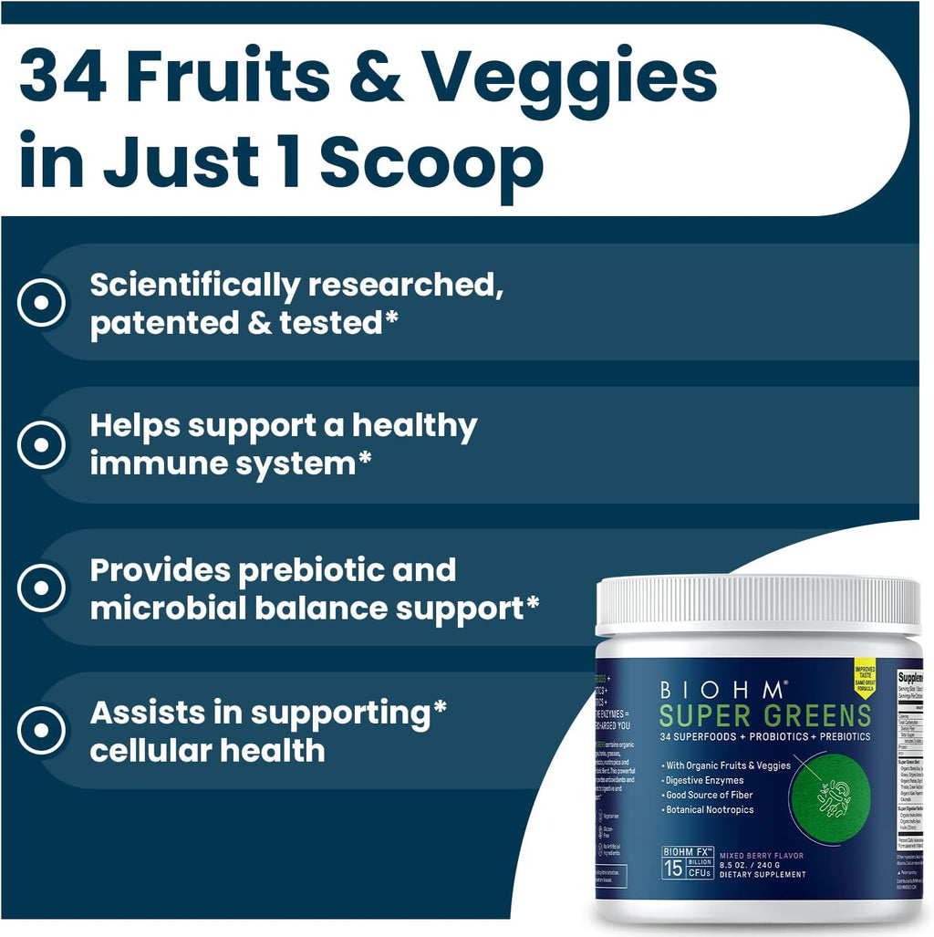 BIOHM Super Greens, Green Superfood Powder (8.5 Oz, 30 Servings) Antioxidant Veggie Powder & Smoothie Mix, 34 Superfoods & Spirulina, Digestive Enzymes, Prebiotics and Probiotics, Mixed Berry Flavor