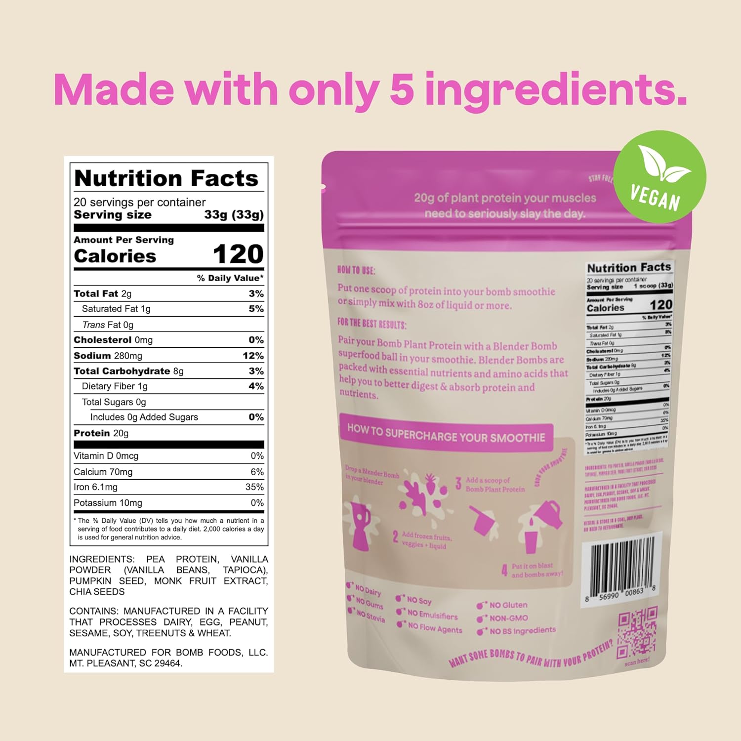 The Bomb Co. Bomb Plant Protein, Protein Powder with 20g Protein, Amino Acids, Zero Sugar, Pea Protein, Chia Seeds, Pumpkin Seeds, Vanilla & Monk Fruit, Gluten Free, Vanilla Flavor, 20 Srvgs