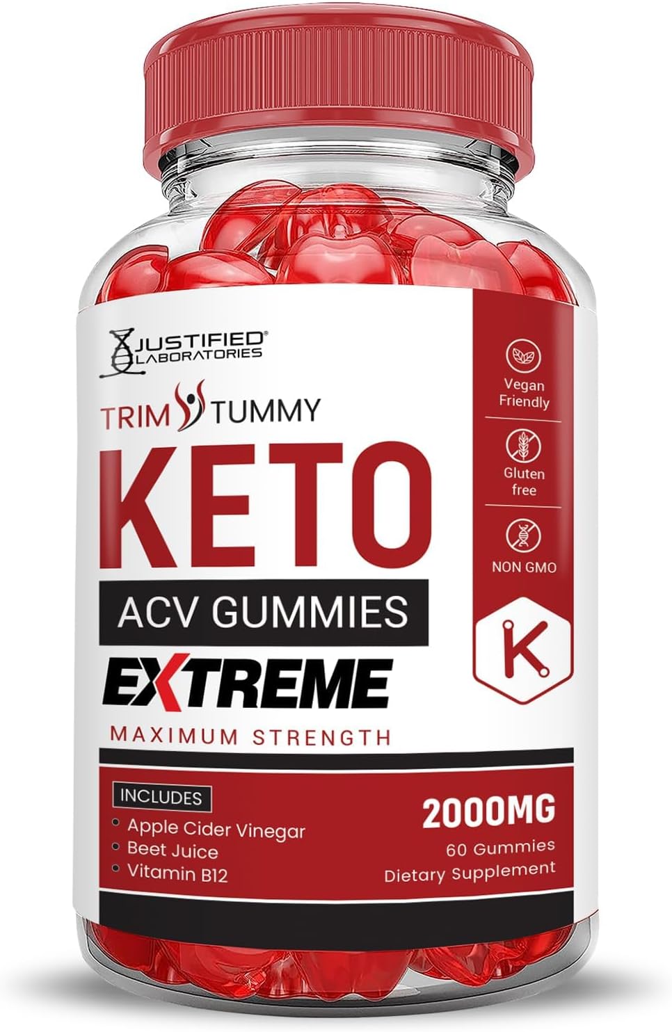 Justified Laboratories Trim Tummy Keto ACV Gummies Extreme 2000MG Trim Tummy Keto Gummies Apple Cider Vinegar Formulated with Pomegranate Beet Juice Powder B12 Vegan Non GMO 60 Gummys