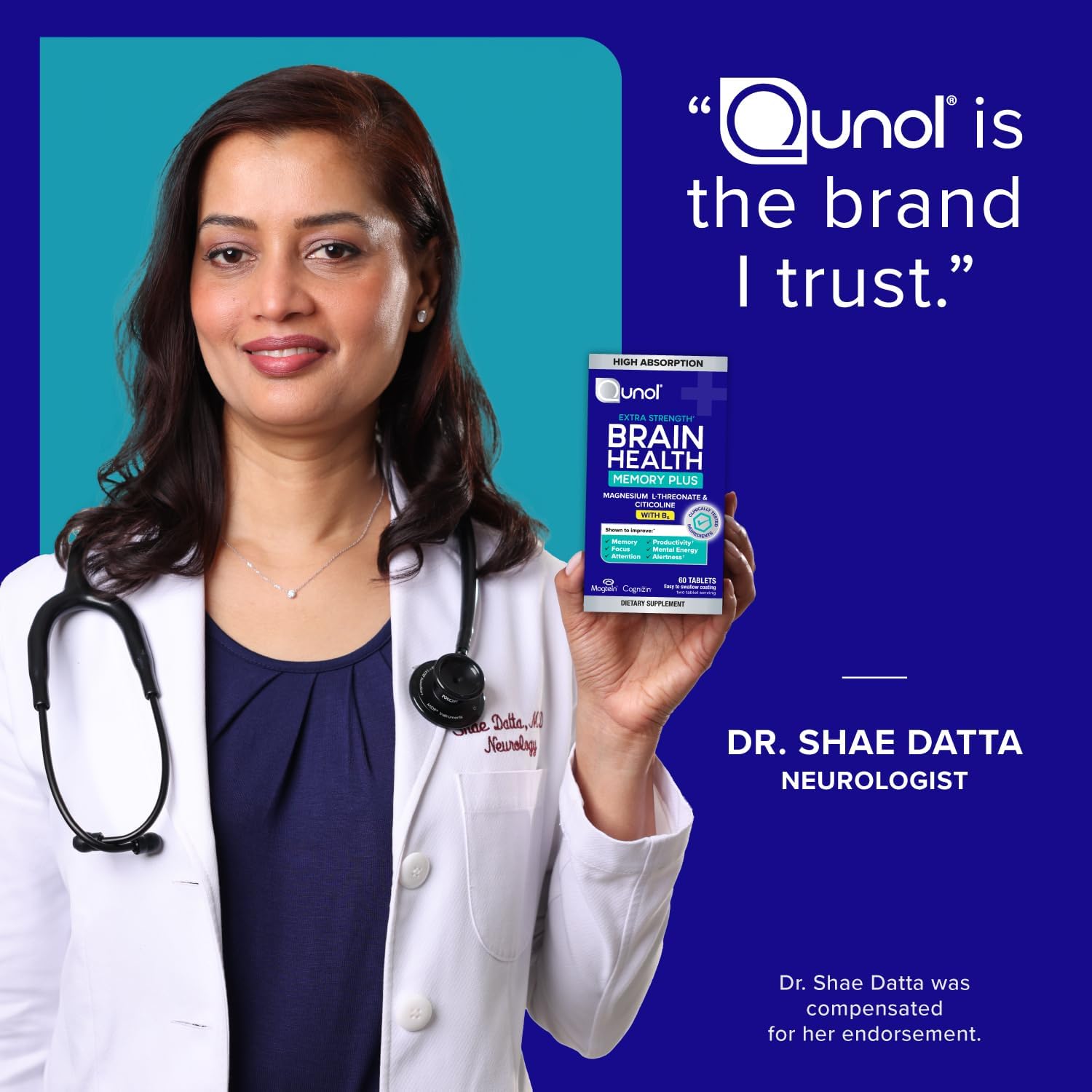 Qunol Brain Health Memory Plus with B6, Magnesium L-Threonate & Citicoline, Clinically Tested Ingredients to Improve Memory, Focus, Attention and Productivity, 90 Count