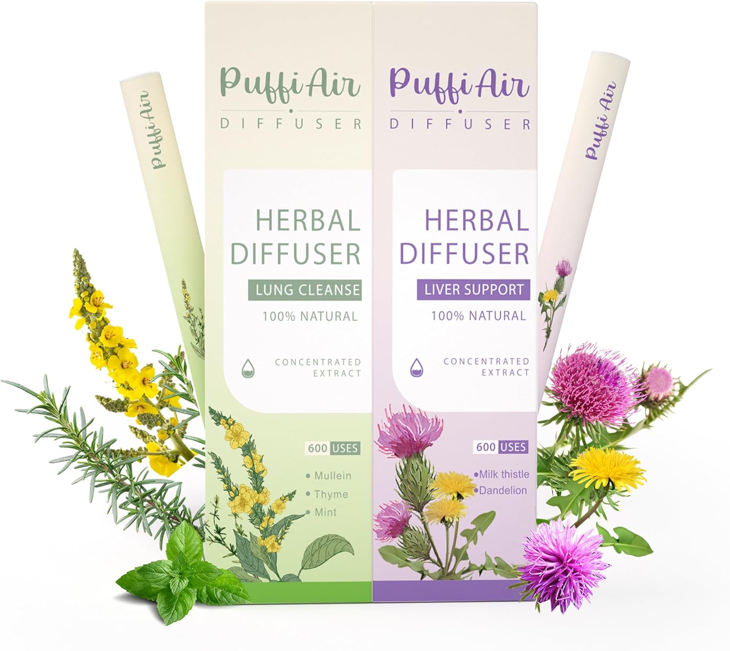 PUFFIAIR Herbal Diffuser Duo with Mullein, Milk Thistle & More丨Inner Balance Duo for Fresh Breath & Liver Detox Support - 600 Uses Per Stick