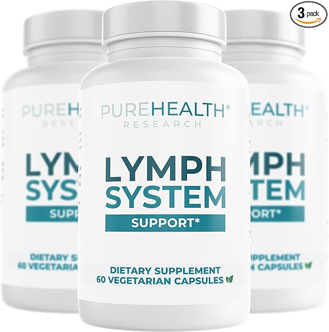 PUREHEALTH RESEARCH Lymph System Support Supplement - Lymphatic Drainage with Dandelion Extract, Cleavers, Burdock Powder Reduce Swelling and Cleanse 3 Bottles Brown 180 Count
