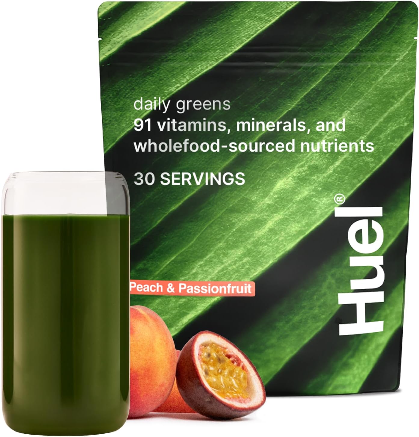Huel Daily Greens Peach Passionfruit | Superfood Greens Powder | 91 Vitamins, Minerals, and Wholefood-Sourced Ingredients | Adaptogens, Antioxidants, Gut-Friendly Probiotics | 30 Servings
