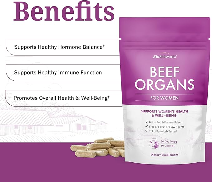 BioSchwartz Primal Beef Organ Supplement for Women - 60 Capsules - Grass-Fed & Pasture-Raised - Supports Healthy Hair Skin and Nails, Hormone Balance - with Bovine Liver, Kidney, Heart, Uterus Powder