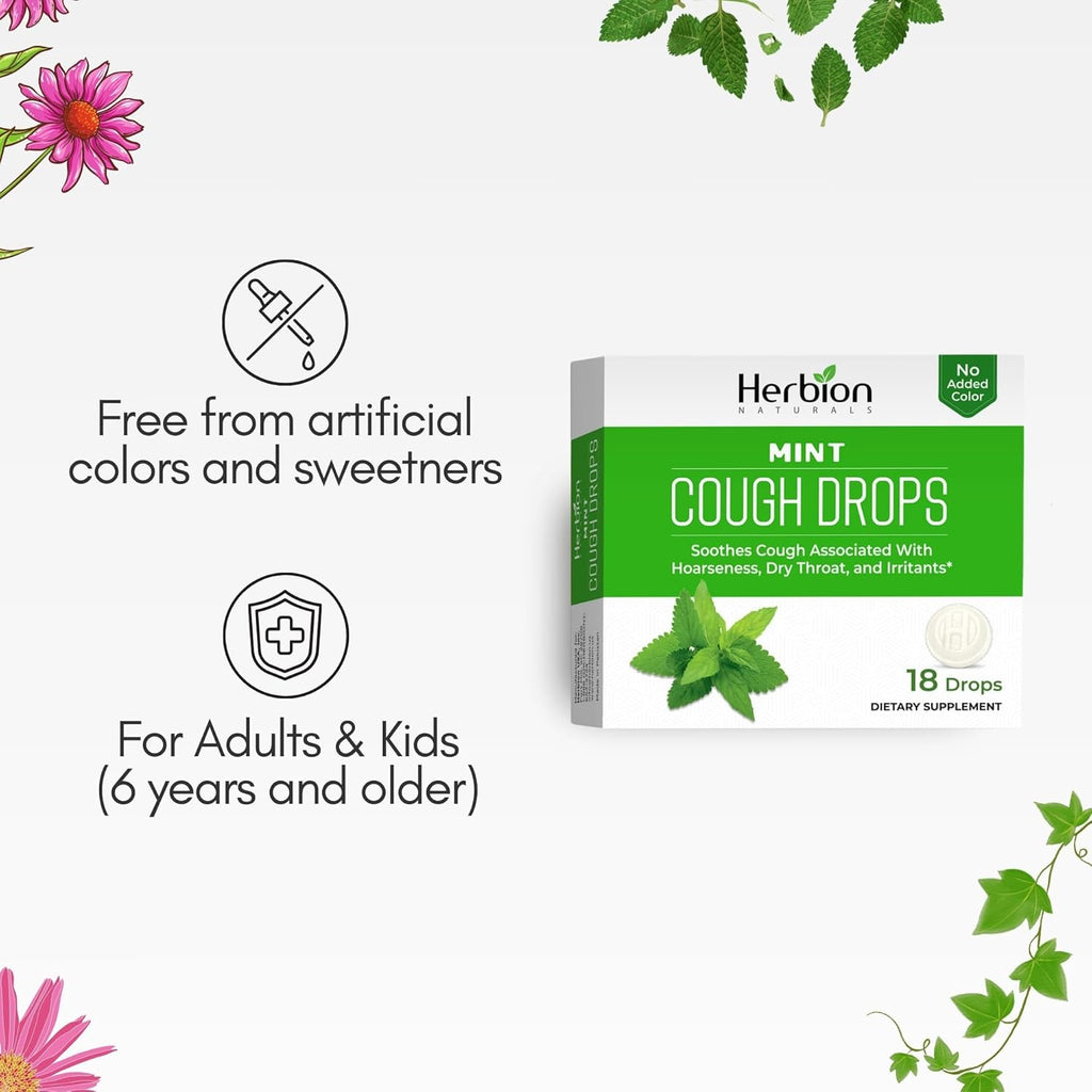 HERBION Naturals Cough Drops with Natural Mint Flavor, Soothes Cough, for Adults and Children Over 6 Years, 18 Drops, 108 Lozenges, Pack of 6