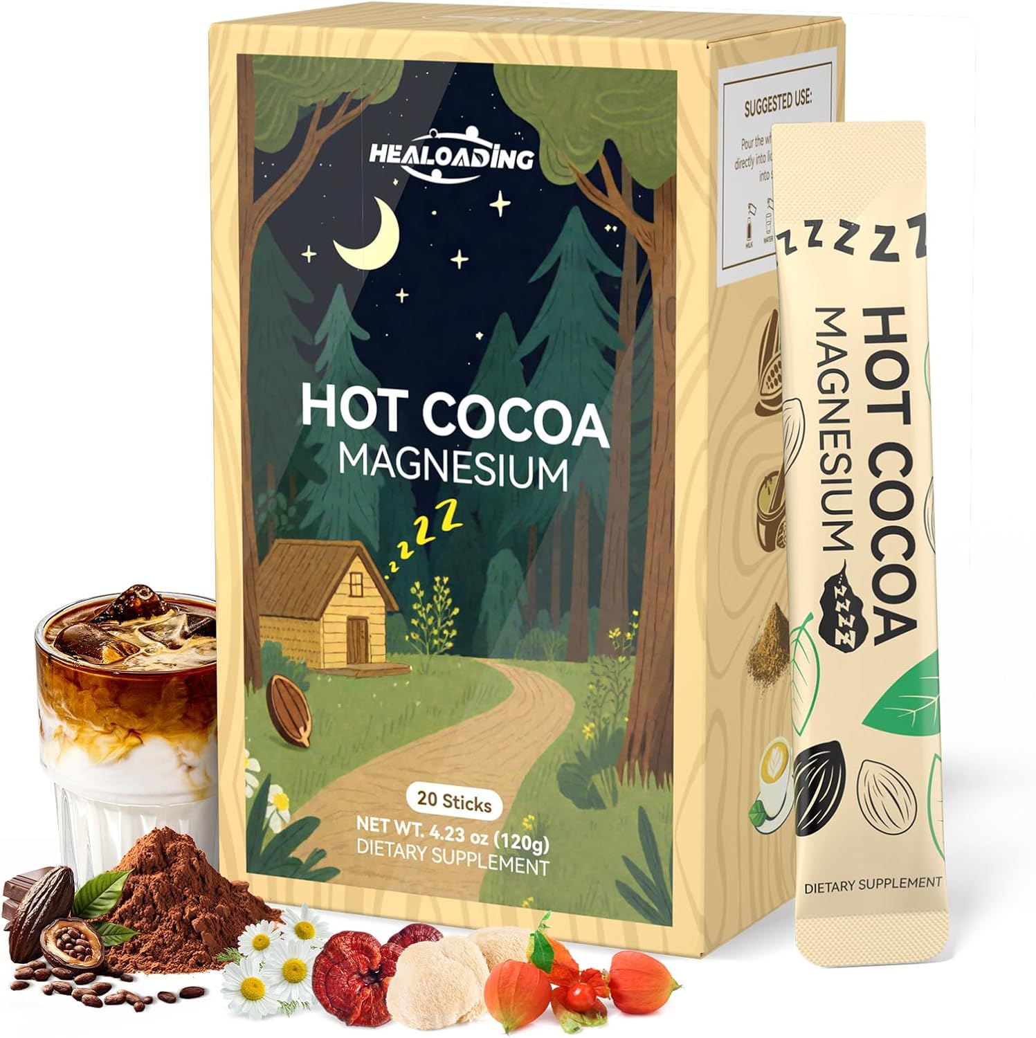Nighttime Magnesium Hot Cocoa Powder：Natural Sleep Aid Drink Mix for Adults, Relaxing Evening Drink with Magnesium L-Theanine & Reishi-Calming Cocoa Blend Non-GMO