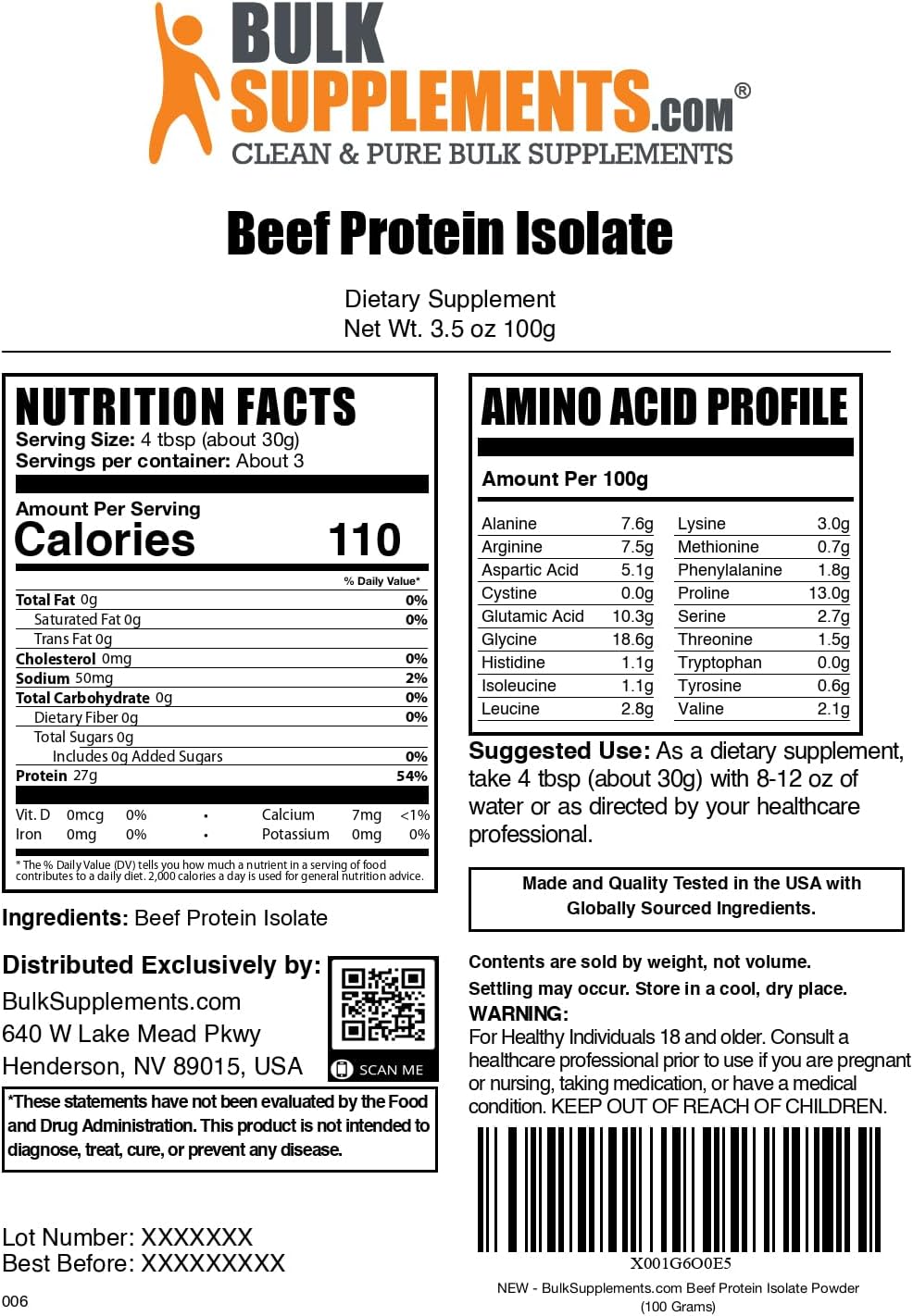 BulkSupplements.com Beef Protein Isolate Powder - Lactose Free Protein Powder, Beef Protein Powder - Unflavored & Gluten Free, 30g per Serving, 100g (3.5 oz) (Pack of 1)