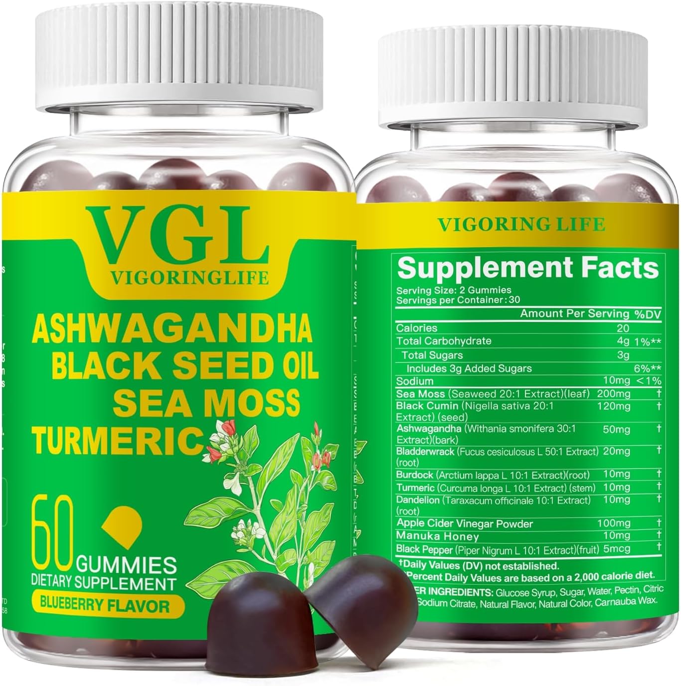 Ashwagandha Gummies, Sea Moss, Black Seed Oil, Turmeric, Manuka Honey, ACV, Dandelion, Black Pepper, Burdock, Bladderwrack, Blueberry Flavor, Vegan, Gluten-Free, Non-GMO, 60 Count