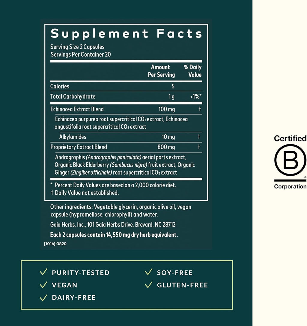 Gaia Herbs Quick Defense - Fast-Acting Immune Support Supplement for Use at Onset of Symptoms - with Echinacea, Black Elderberry, Ginger & Andrographis - 40 Vegan Liquid Phyto-Capsules (4-Day Supply)