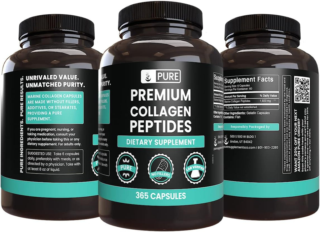 PURE ORIGINAL INGREDIENTS Marine Collagen (365 Capsules) No Magnesium Or Rice Fillers, Always Pure, Lab Verified