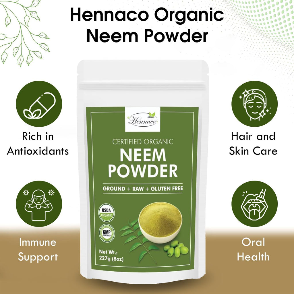Organic Neem Powder| Ayurvedic Herb for Skin and Hair | Resealable Zip Lock Pouch | USDA Organic| Pure & Natural Neem Powder for Drinking| Dried Neem Leaves Powder| 227 Grams (8 OZ)