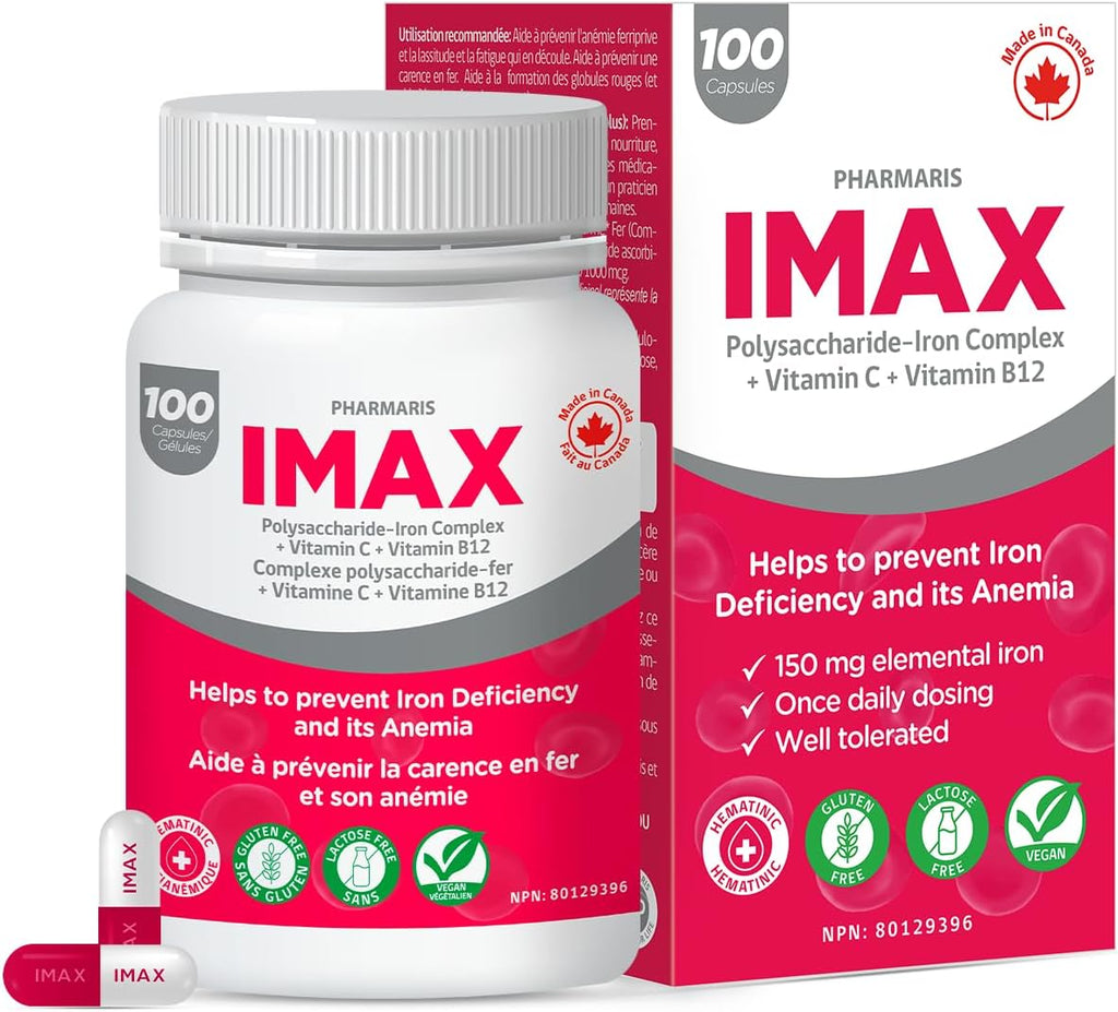 IMAX 150 mg Iron Supplement, 250 mg VIT C, 1000 mcg VIT B12, 100 Capsules, Treatment for Iron Deficiency Anemia, Once Daily Dosing