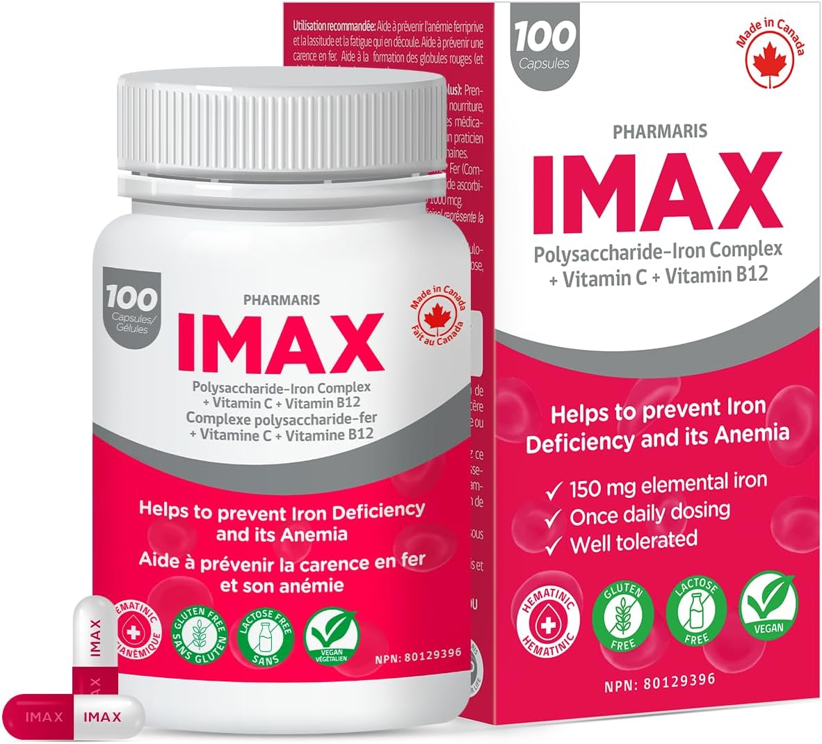 IMAX 150 mg Iron Supplement, 250 mg VIT C, 1000 mcg VIT B12, 100 Capsules, Treatment for Iron Deficiency Anemia, Once Daily Dosing