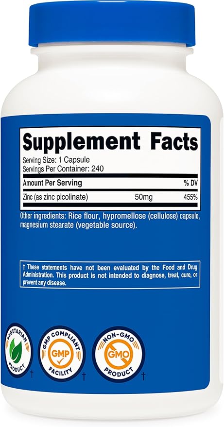 Nutricost Zinc Picolinate 50mg, 240 Vegetarian Capsules (2 Bottles) - Gluten Free and Non-GMO