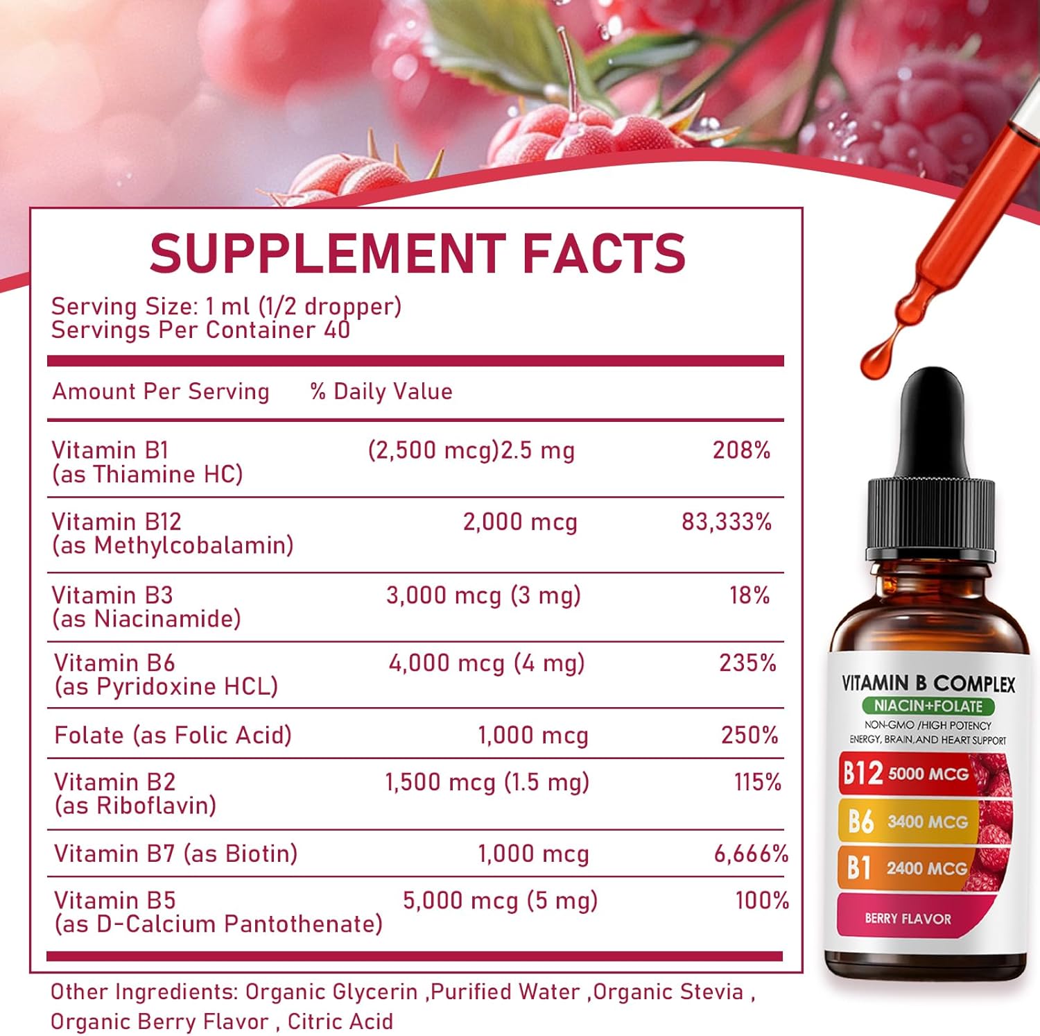 Vitamin B Complex | B12 B6 B1 B3 B9, Essential Vitamin Liquid Drops for Immune & Energy Metabolism, Brain & Heart Support, Raspberry Flavor 2fl oz