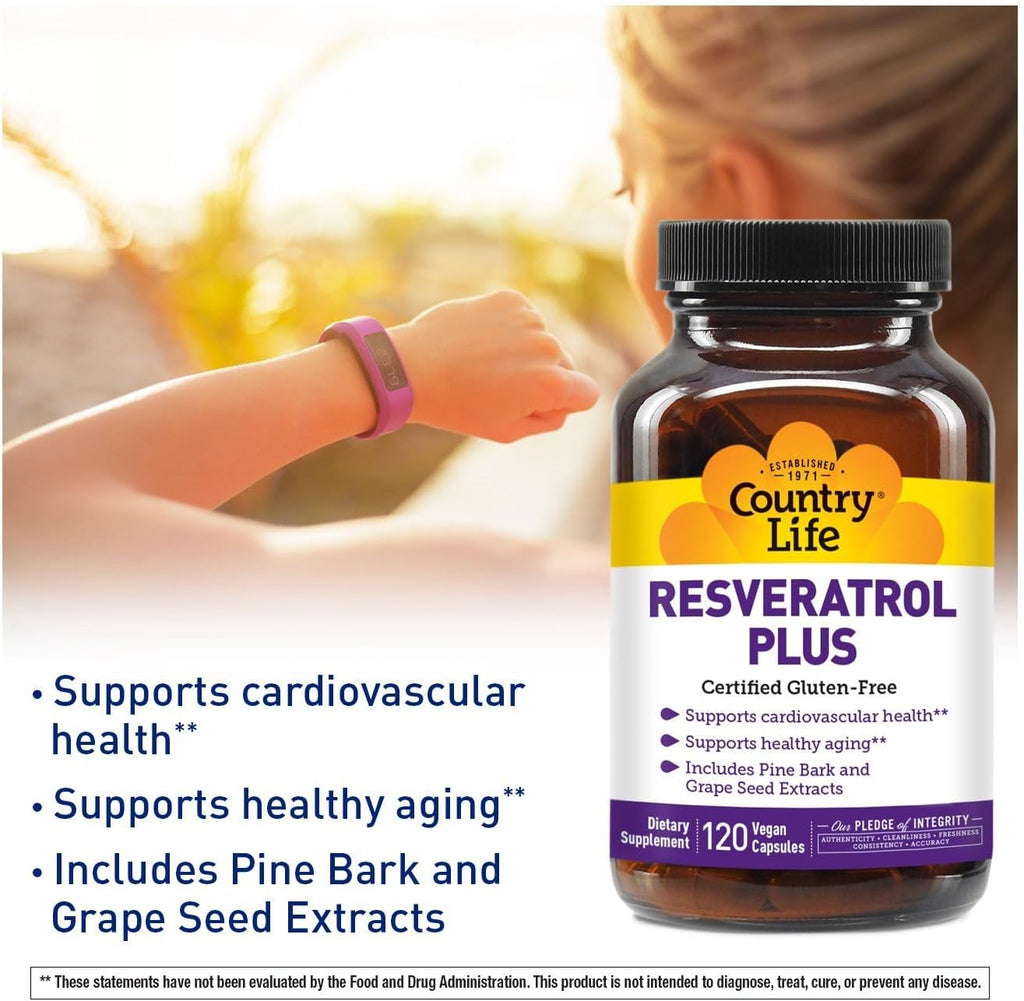 Country Life Resveratrol Plus 1000mg - Organic Antioxidant Supplement with Pine Bark & Grape Seed Extracts - Vegan, Gluten-Free, Non-GMO