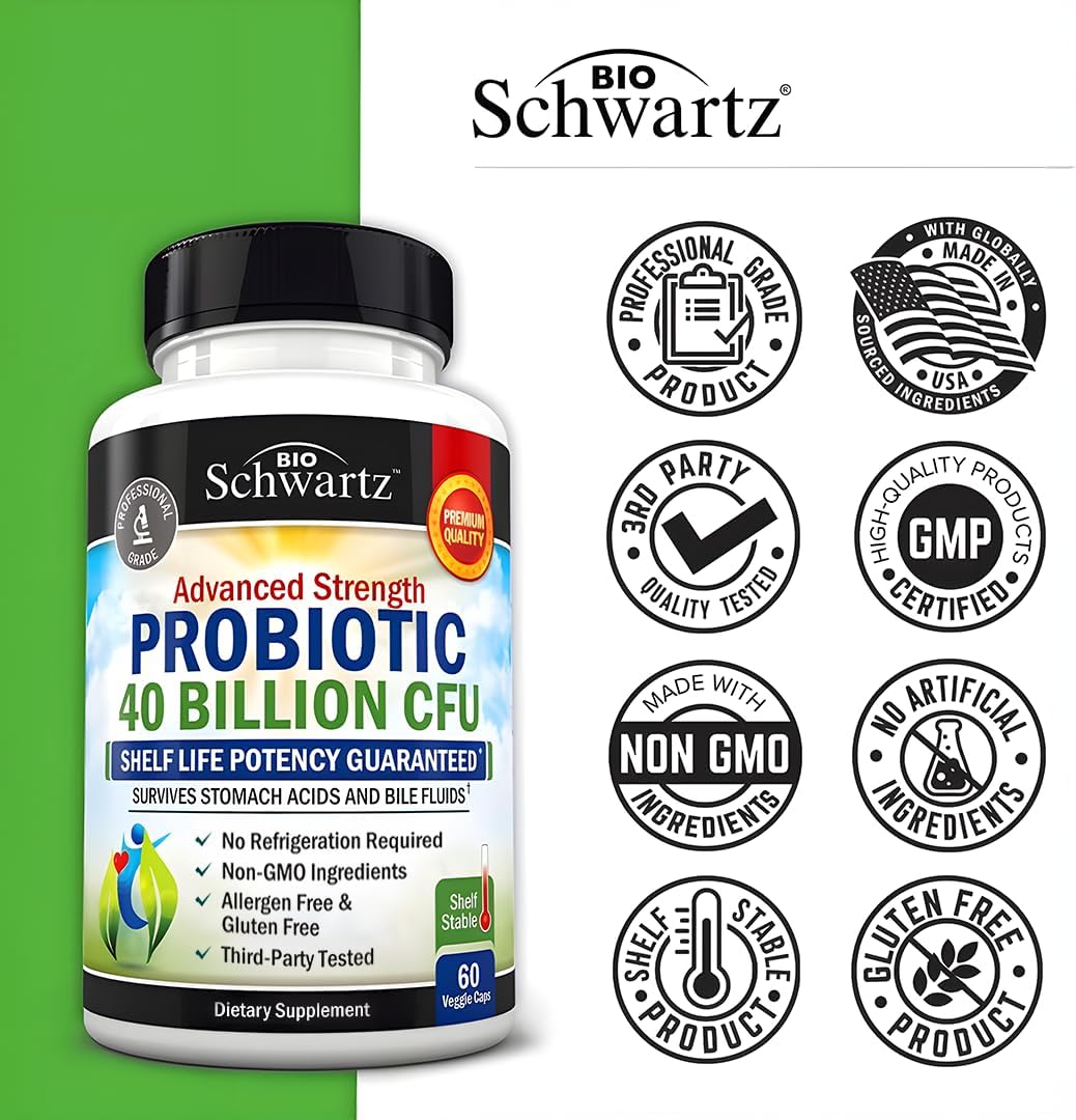 BioSchwartz Daily Probiotic Nutritional Supplement - 40 Billion CFU for Gut Health - Probiotics for Men and Women - Digestive Health with Astragalus & Lactobacillus - Shelf Stable - 60 Count