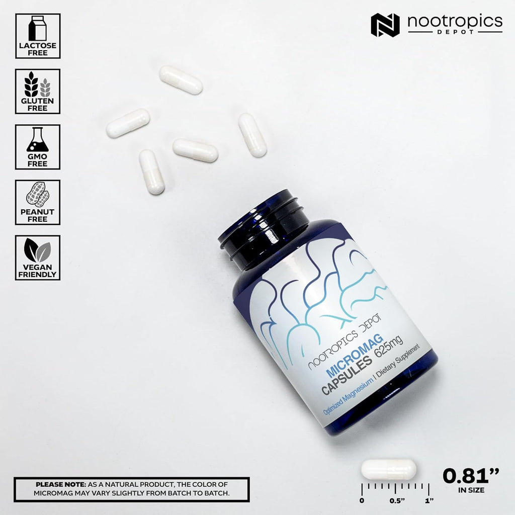 Nootropics Depot MicroMag Magnesium Capsules | 625mg | 30 Count | Contains 200mg of Elemental Magnesium