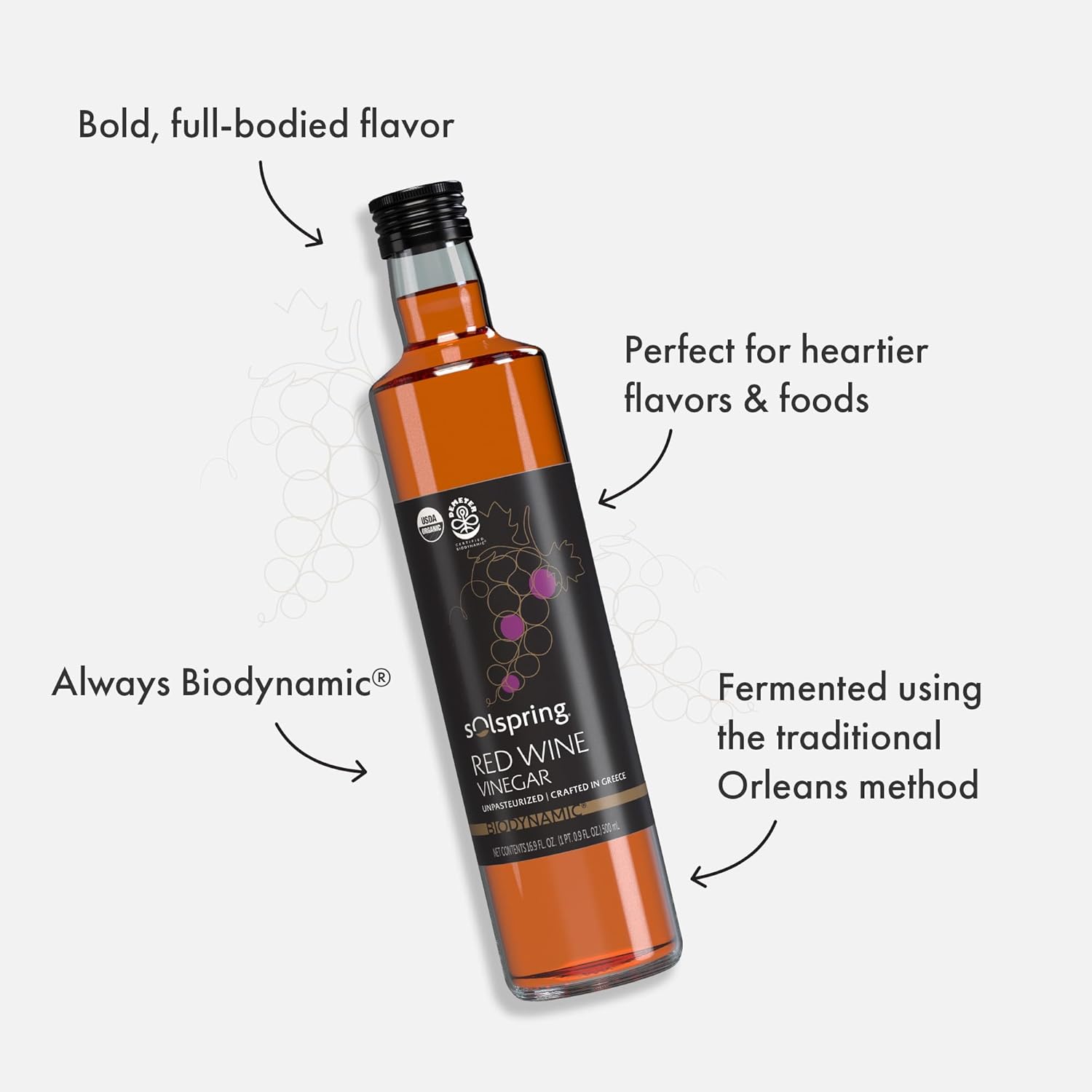 Solspring Biodynamic Red Wine Vinegar, 16.9 Fl. Oz. (500 mL), Unpasteurized, Crafted In Greece, Certified USDA Organic, Regenerative, Vegan, Gluten Free, Soy Free, Dr. Mercola