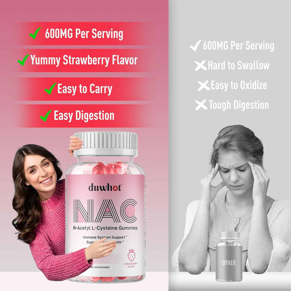 NAC Gummies 600mg, N Acetyl Cysteine Supplement NAC Chewable for Antioxidants & Immune Support, Lung & Liver Health, Natural Strawberry Flavor, 60ct