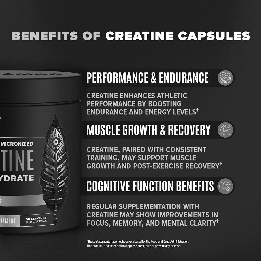 Micronized Creatine Monohydrate Capsules for Muscle Growth & Recovery, Pre & Post Workout, Vegan Creatine, Caffeine Free, Gluten Free, Sugar Free | 50 Servings | 250 Capsules