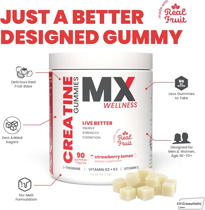 Creatine Monohydrate Gummies for Men & Women – Real Fruit Gummy Supplement for Muscle Growth, Recovery, Longevity, Cognitive Health & Memory – 90 Chews (90 Gummies, Strawberry Lemon)
