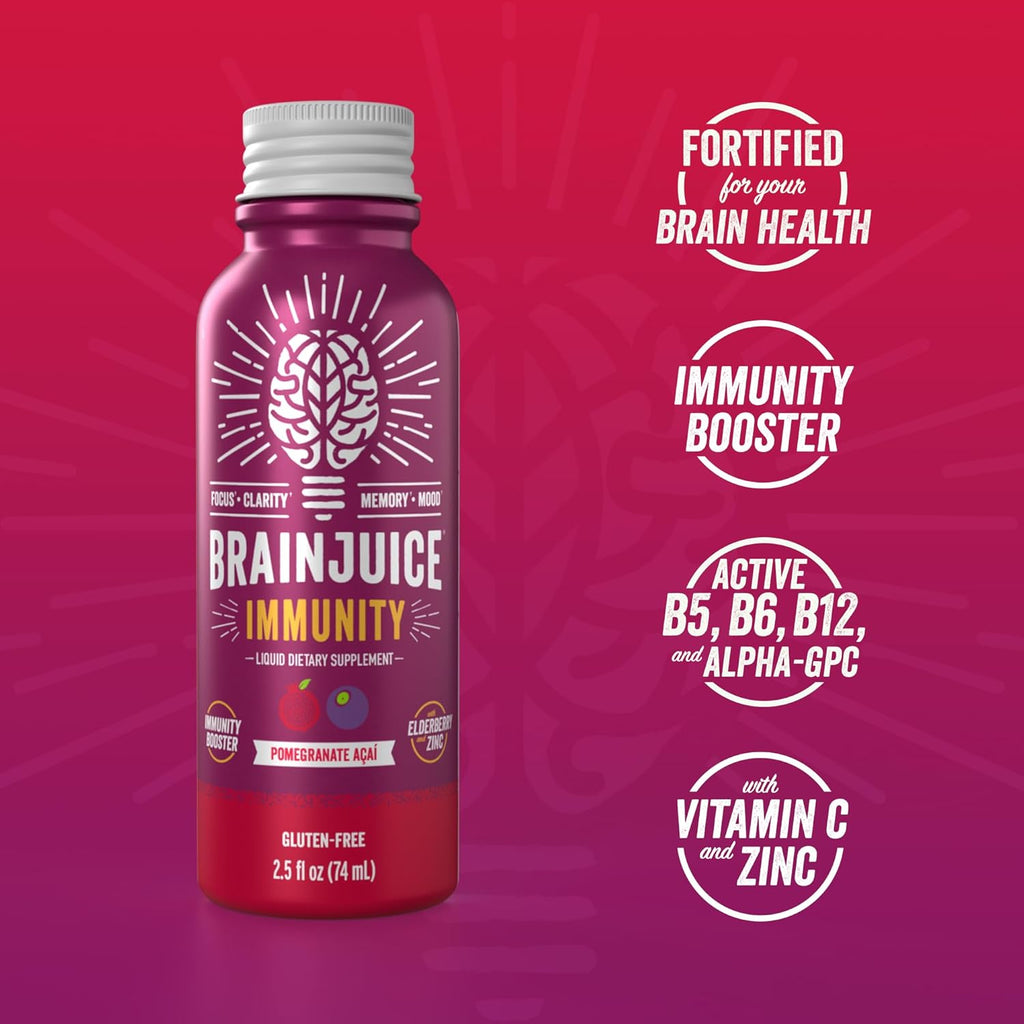 BrainJuice Brain and Immune Support Shot, Gluten Free Supplement Shots for Energy, Focus, Immunity with Vitamin D, C B, Alpha GPC & Organic Ginger Root, Pomegranate Acai, 2.5 fl oz, 12 Pack