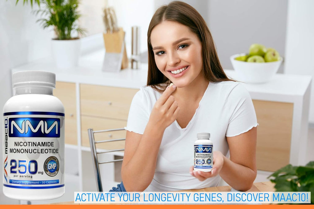 MAAC10 NMN Supplement 250mg Capsules - Genuine NMN Nicotinamide Mononucleotide NAD+ Supplement, Stabilized Form, Pairs Well with Trans-Resveratrol (30 x 250mg Capsules).