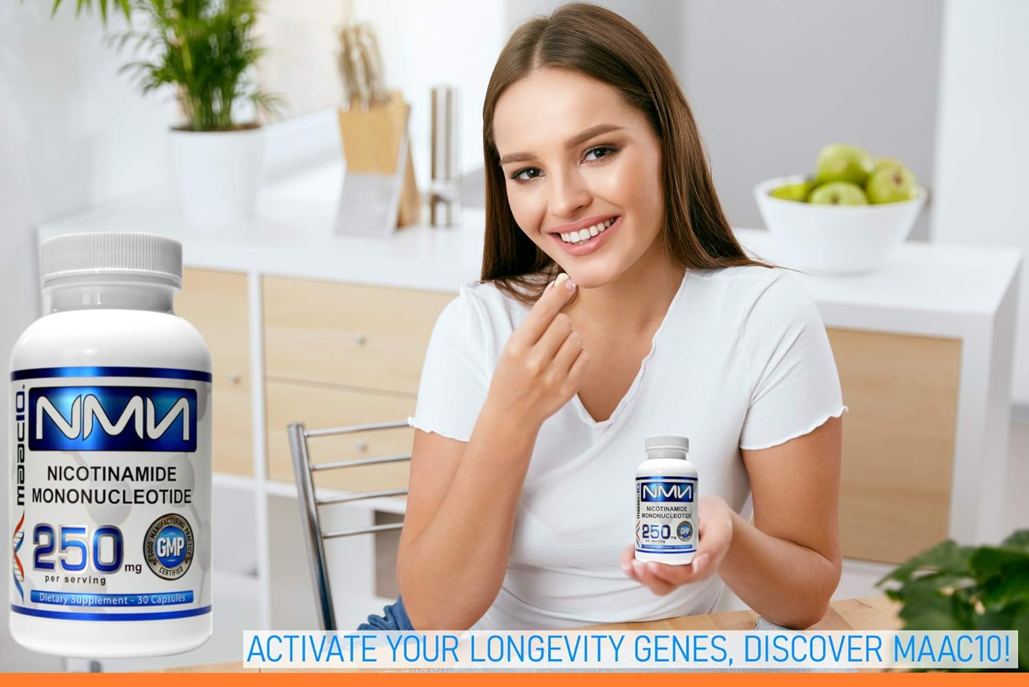 MAAC10 NMN Supplement 250mg Capsules - Genuine NMN Nicotinamide Mononucleotide NAD+ Supplement, Stabilized Form, Pairs Well with Trans-Resveratrol (30 x 250mg Capsules).