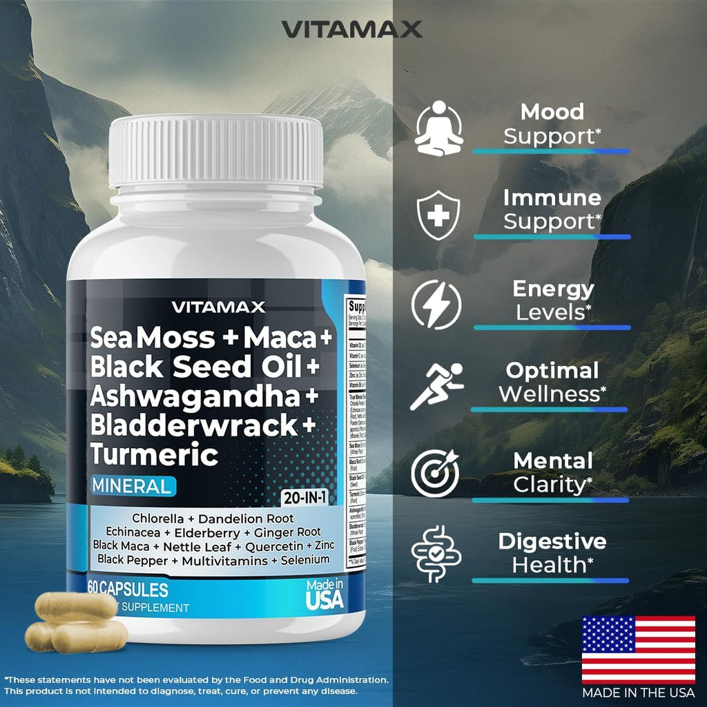 Sea Moss, Maca, Black Seed Oil, Ashwagandha, Bladderwrack, Turmeric - Elderberry, Vitamins C & D3, Dandelion & Black Pepper - Made in USA- 120ct