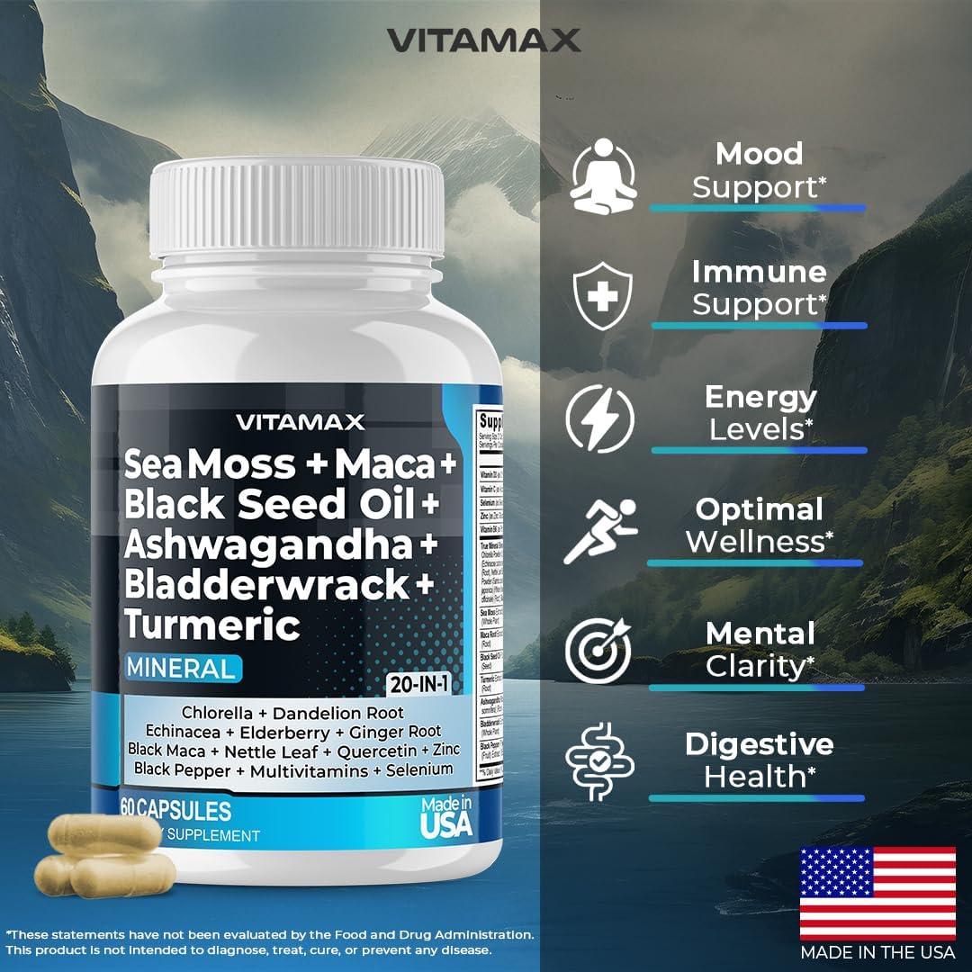 Sea Moss, Maca, Black Seed Oil, Ashwagandha, Bladderwrack, Turmeric - Elderberry, Vitamins C & D3, Dandelion & Black Pepper - Made in USA- 120ct